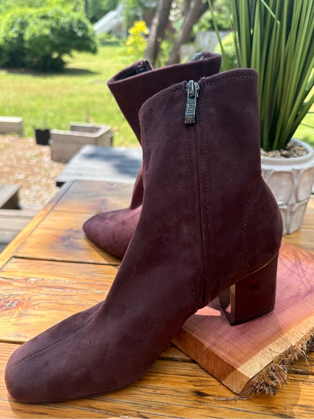 DKNY Wine Suede Ankle Booties with Block Heel